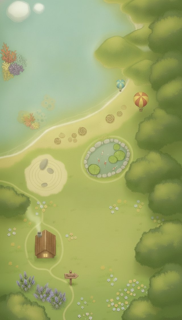 The Taskvale world map: a hand-painted valley with a cabin, a koi pond, a zen garden and hot-air balloons drifting overhead.