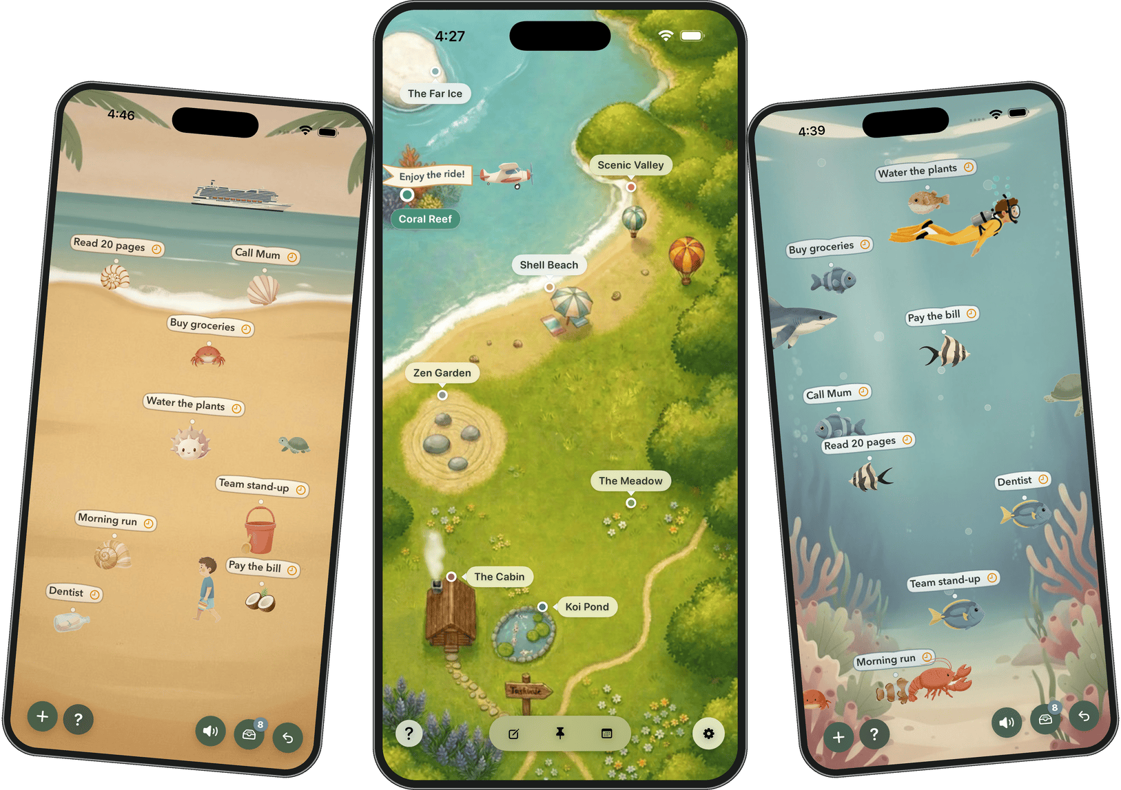 Taskvale on three iPhones: Shell Beach with a cruise ship on the horizon, the world map, and the Coral Reef with a diver.